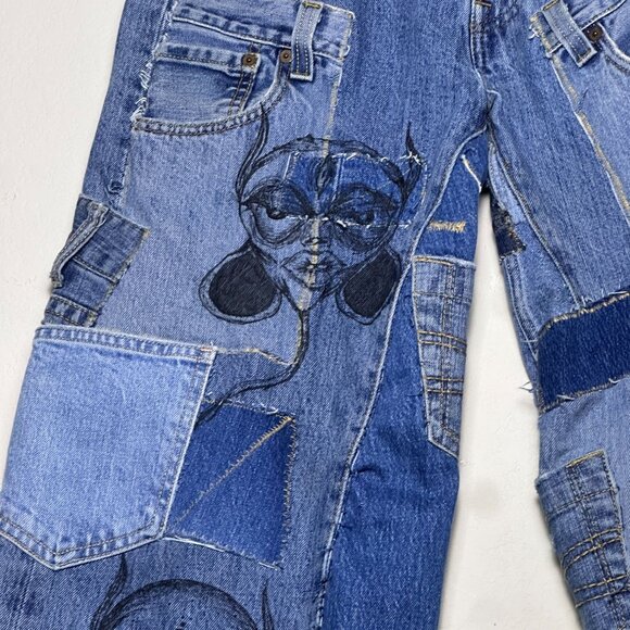 TERRIFIED CREATURE Custom Made DiY Patchwork Women 30 Denim Jean Pant Button Fly - Picture 12 of 16